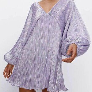 Metallic Pleated Balloon Sleeve Mini Dress
